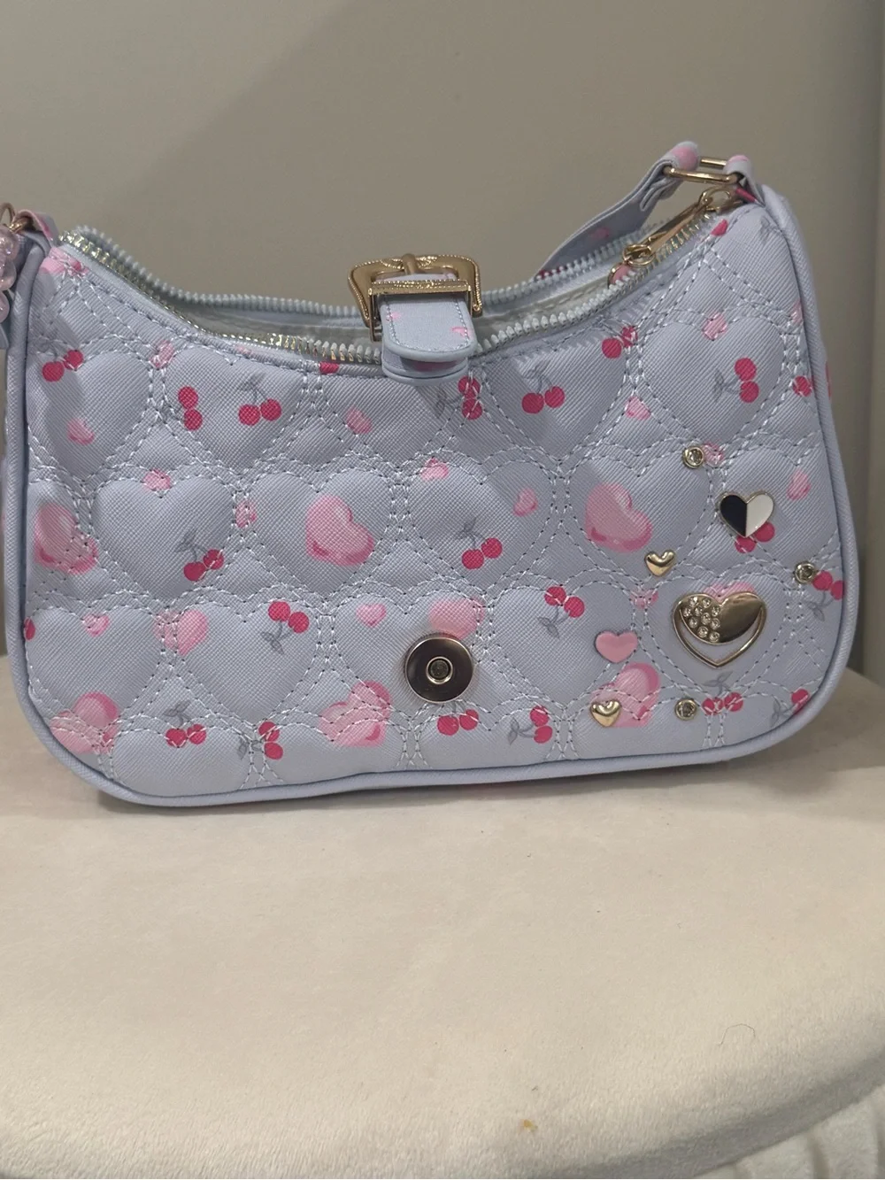 Kids Light Blue Quilted Heart Crossbody Bag with Pink Accents
